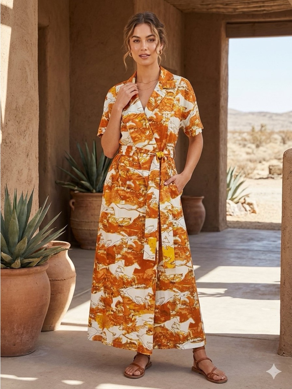 Rachel Comey Blasco Silk Wrap Midi Dress Orange White Horse Print Size M